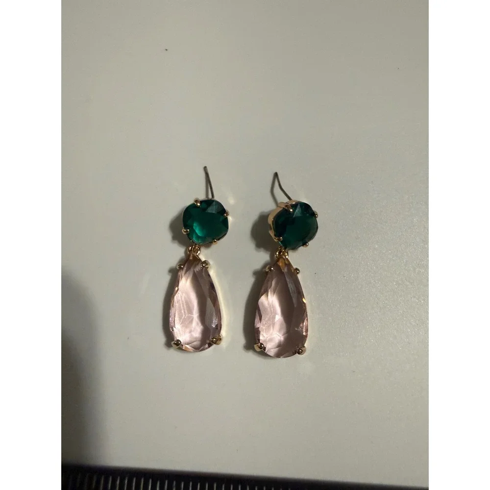 Pink and Emerald Green Crystal Teardrop Drop Earrings Gold Tone‎ Dangle
